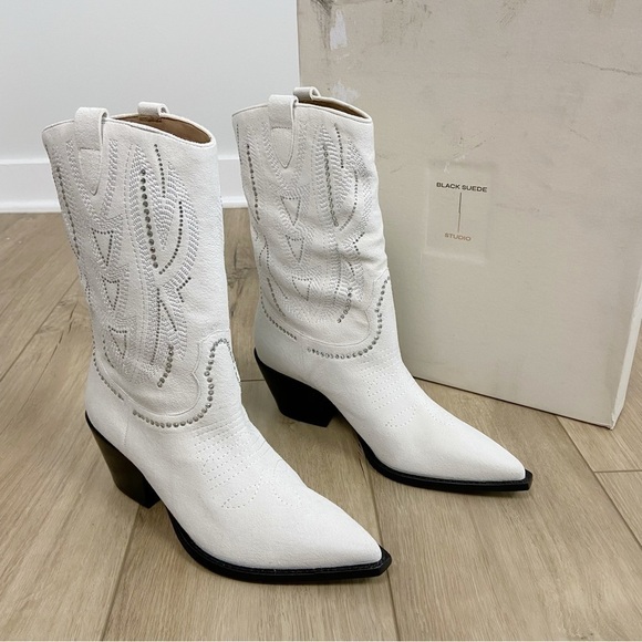 Black Suede Studio x Caroline Stanbury Laurel Cowboy Boot in Cream Crystal